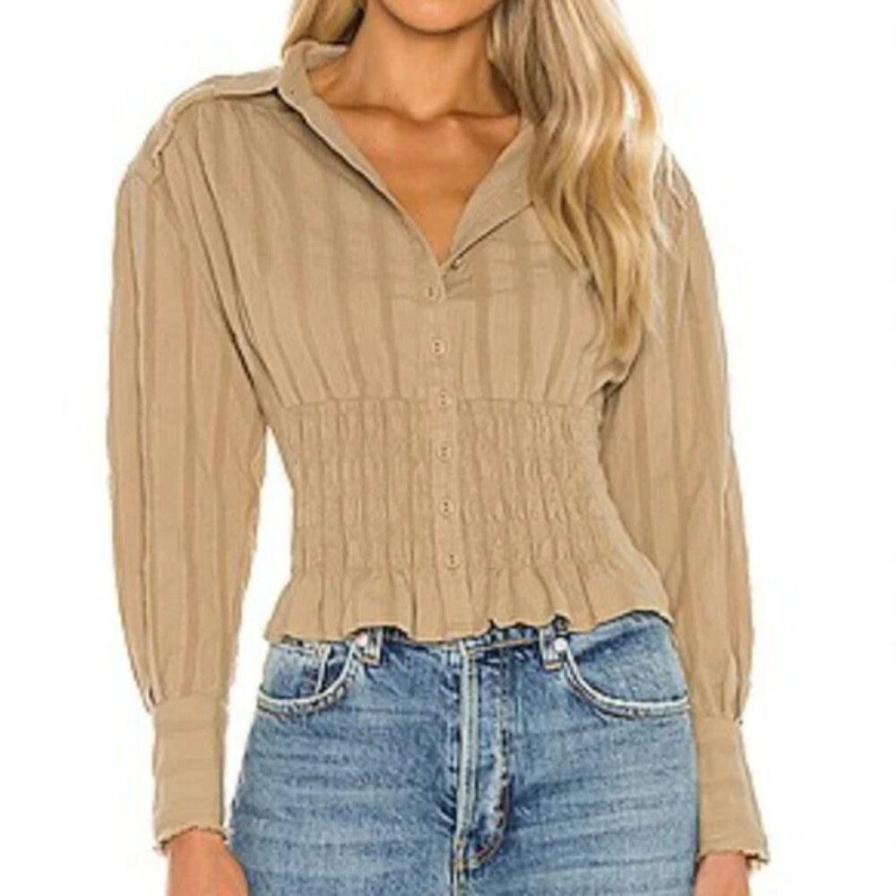 Free People Tammy Textured, Ruched Khaki Button Down